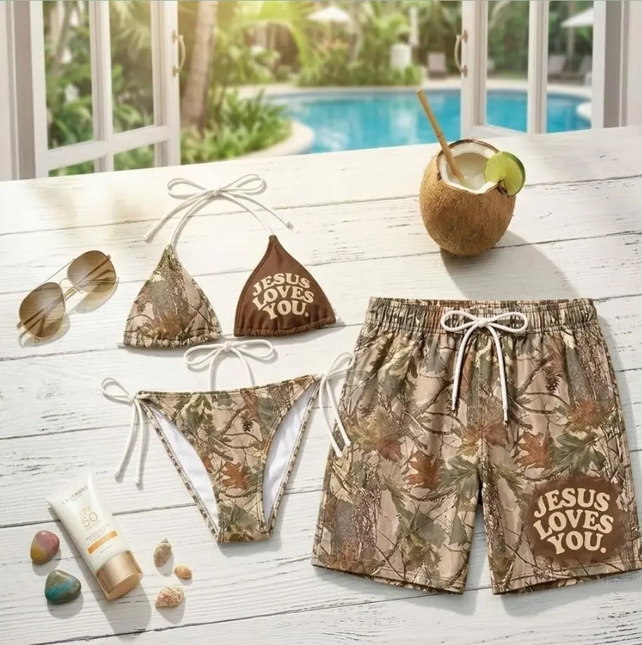 Couple Jesus Loves You Real Tree Camo Bikini Set and Hawaiian Shorts, Christian Matching Beach Outfit