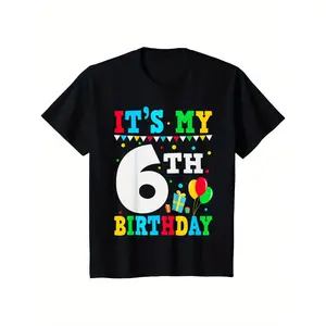 Colorful "It'S My 6th Birthday" Cotton T-Shirt for Boys & Girls - Festive Six Design with Balloons & Gifts, Short Sleeve, Round Neck, All-Season Wear, Birthday Shirt