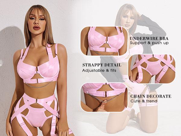 Avidlove Lingerie Set for Women Strappy Lingerie Underwire Push Up Bra Garter Set Lingerie with Chain Fit Breathable SpringStatements