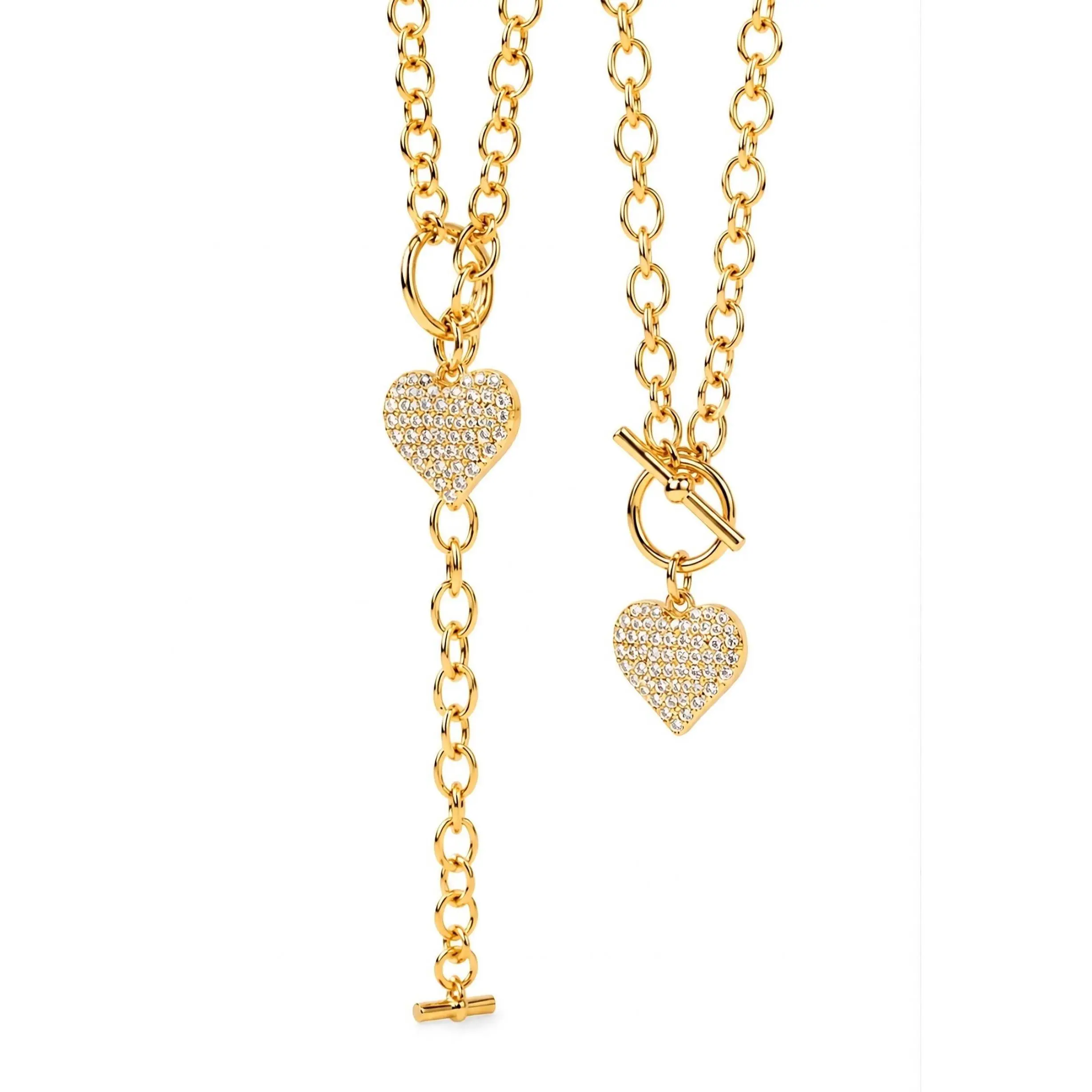 Women's 2-Piece Francesca Costume Jewelry Set Pair - Zircon Pave Heart Charm Chain Necklace and Bracelet