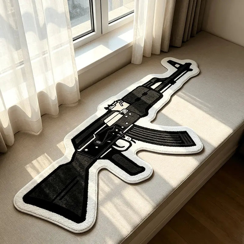 1 Piece AK-47 Shaped Irregular Carpet Rug, Black & White Monochrome Design, Ultra-Soft Non-slip Machine Washable Floor Soft Area Rug, Home Decorative Gaming Rugs, Ideal For Gaming Room & Street-Style Home Decor