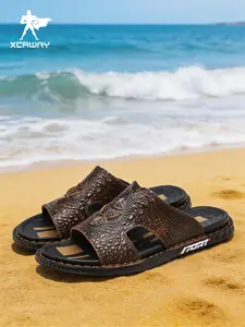 Men's Casual Crocodile Pattern Sandals, Breathable Hollow Out Sole, PU Leather, Medium Width, Summer Beach Resort Flip Flops