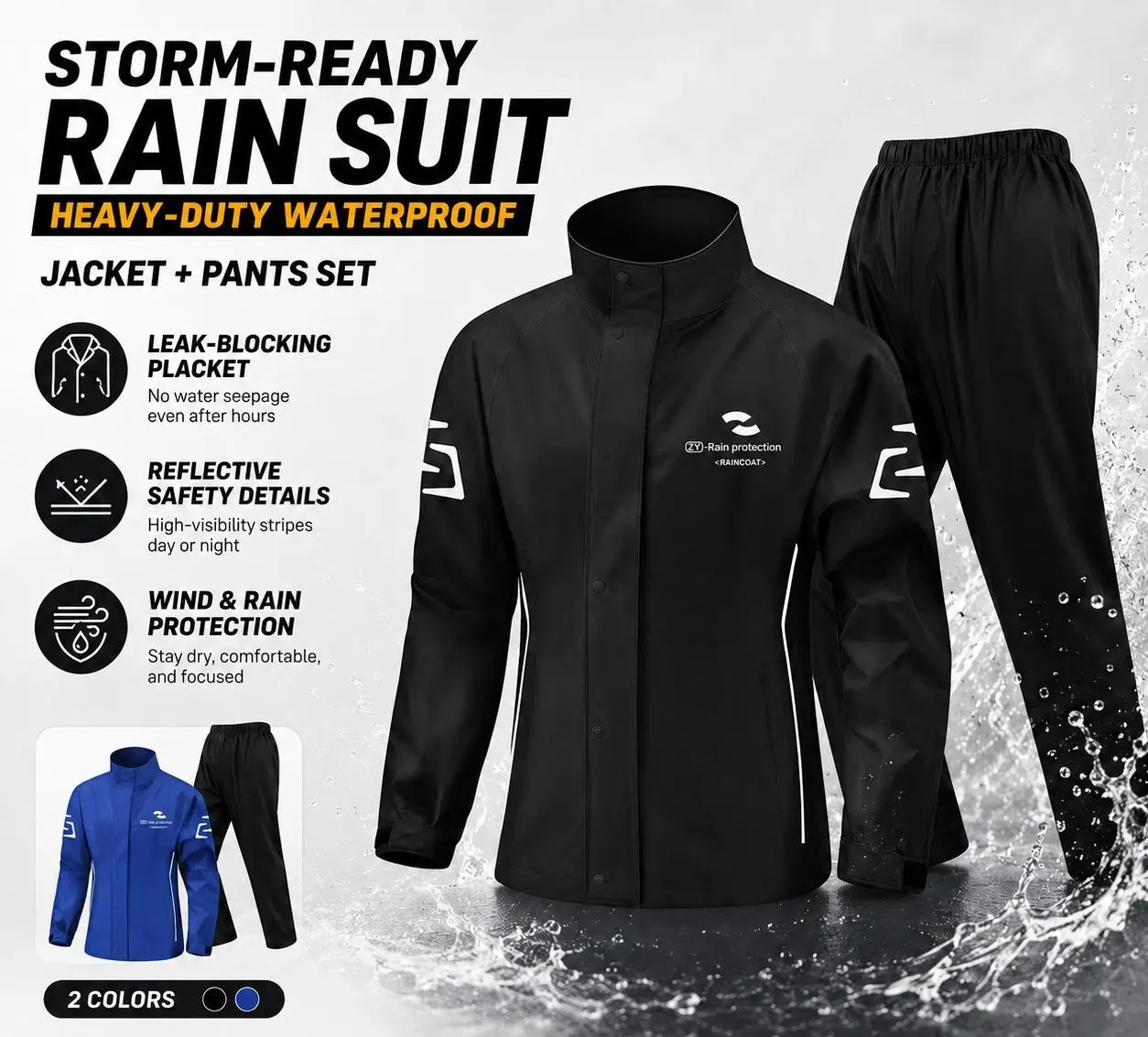 Men's 2-Piece Waterproof Rain Suit with Waterproof Raincoat, Lightweight Wind-Resistant Full-Body Protection for Motorcycle Riders (Large, Spring Use)
