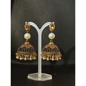 Long Pearl Birdcage Carved Jhumka/Earrings