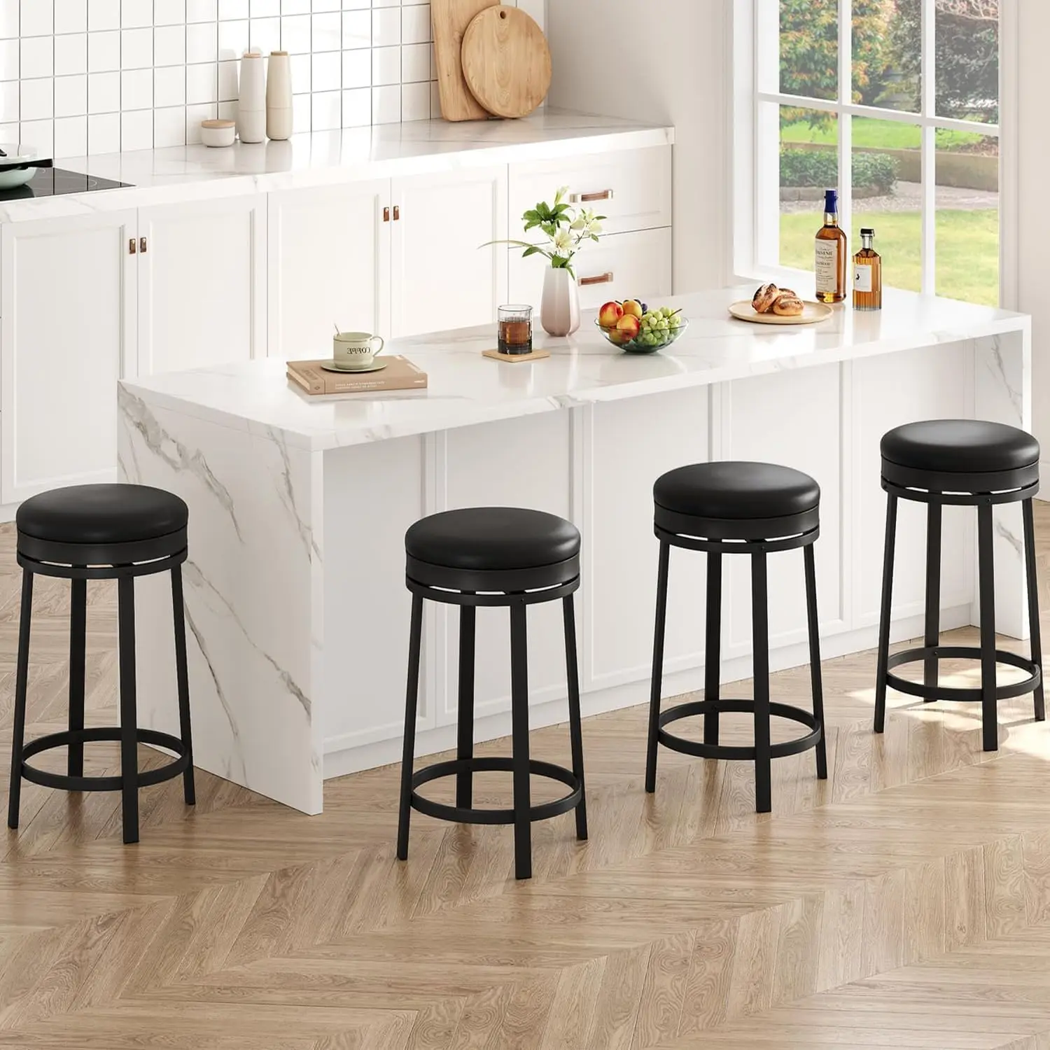 Gaomon 4-Piece 24.4 in Counter Height Swivel Bar Stools - Modern Contemporary, Cushioned Faux-Leather Backless Round Chairs, PU Upholstery, Metal Frame for Kitchen, Home Bar (Black)
