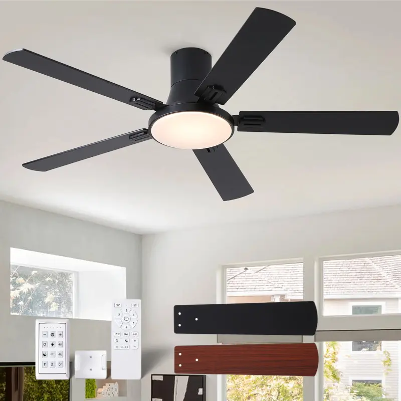 YUHAO Hollcrest 52-in Low Profile Ceiling Fan with Lights, Matte Black Flush Mount Dimmable Integrated LED, Reversible DC Motor and Walled Remote Control for Indoor Bedroom Living Room