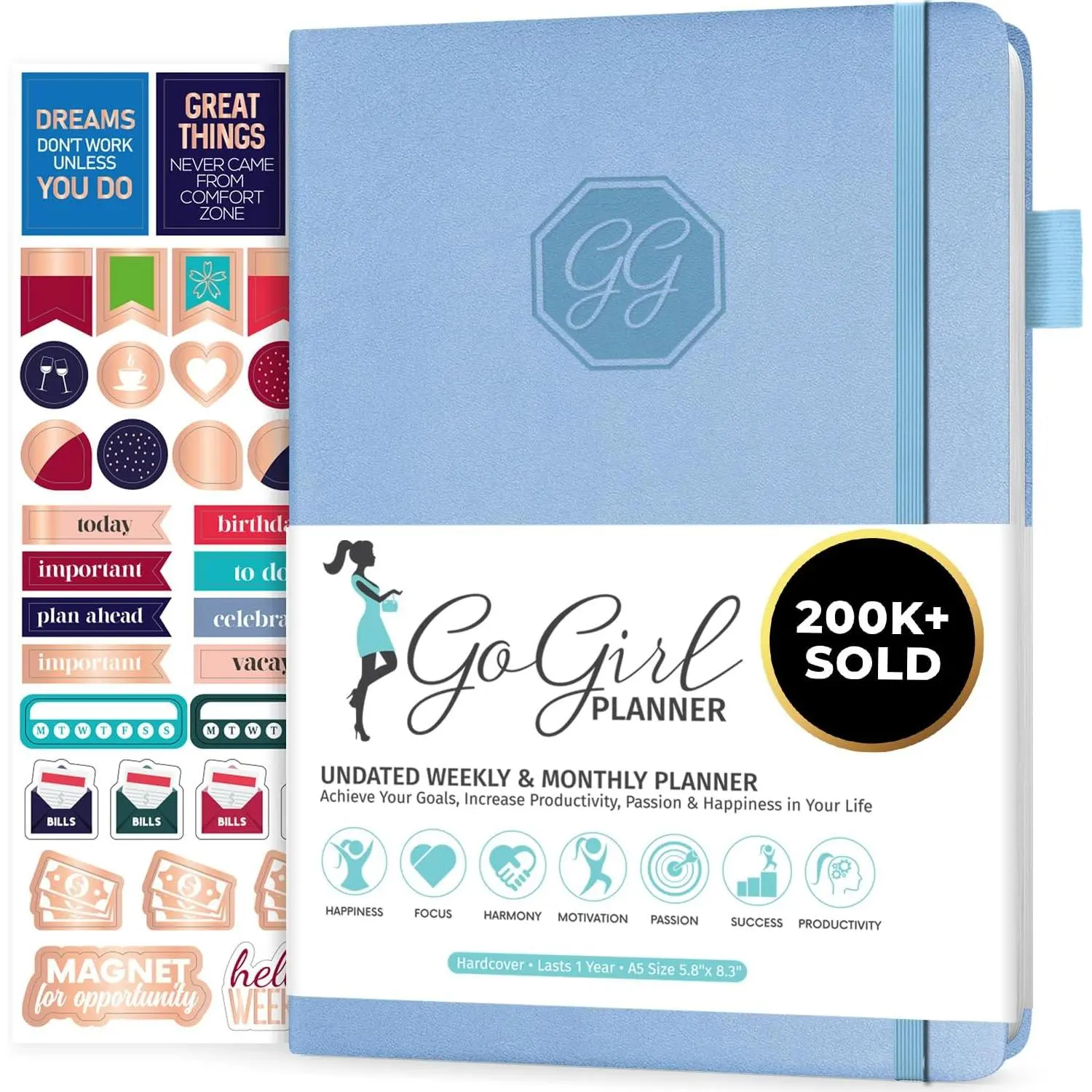 Women's Compact Weekly Planner & Organizer - Undated 1-Year Agenda with Goals Journal, Elastic Band, 120gsm Paper, 3 Ribbon Bookmarks for Time Management, Productivity - Light Blue