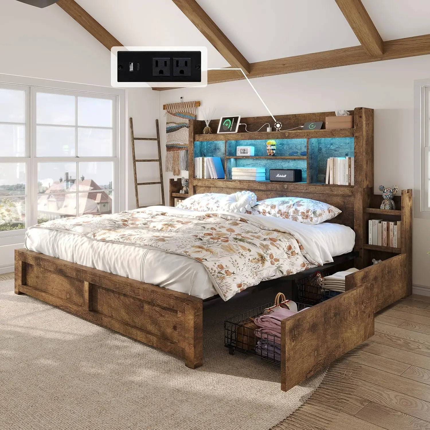 [Summerwins]【Ships in 2 Boxes】AMERLIFE Bed Frame with 49.6" Bookcase Headboard & 2 Bedside Stoage Racks & 4 Drawers, Farmhouse Wood Bed Frame with RGB LED & Charging Station, No Box Spring Needed