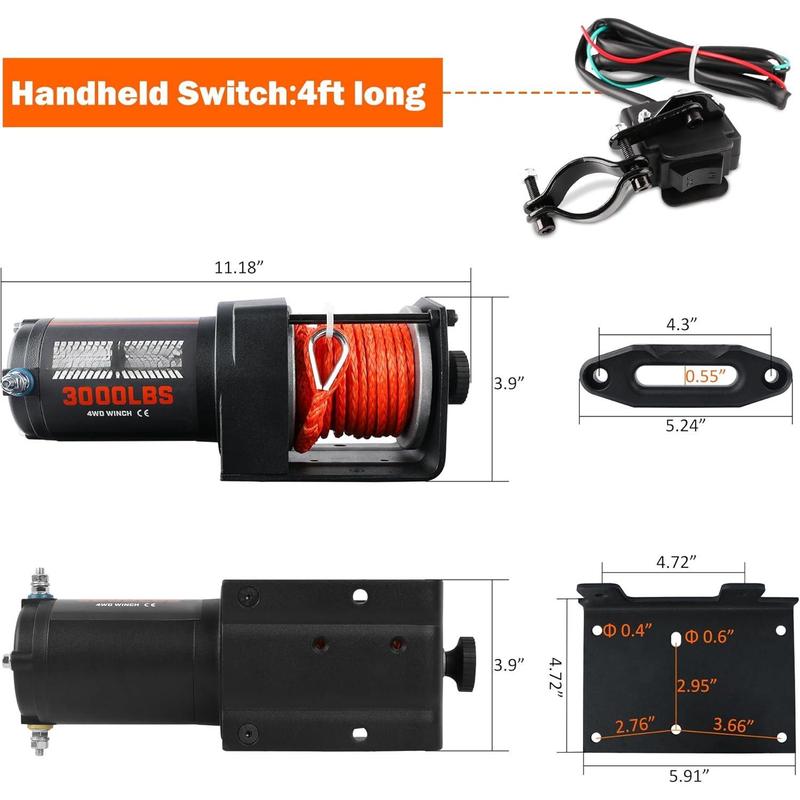 3000 lb Electric Winch for ATV UTV Trailer Boat Synthetic Rope Winch 12V DC Off Road Towing Winches with  Remote Mounting Bracket