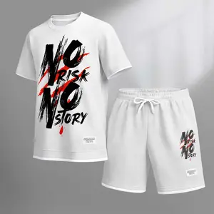 Men's No Risk No Stoy On Print Drawstring Shorts Set For Spring/Summer. A Casual Summer Outfit, Including A Short-Sleeved Shirt And Shorts, Suitable For Everyday Wear And Sports. A Two-Piece Set For A Relaxed And Energetic Lifestyle.