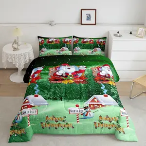 Santa Claus Printed Bed Comforter Set,Christmas Luxury Bedding Set,Galaxy Blue Cute Comforter,Snowman Snowflake Quilt Collection