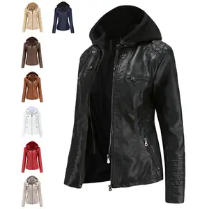 2025 European and American Style Hooded Leather Jacket Two-Piece Set Detachable Large Size Leather Coat for Women Spring and Autumn PU Washed Leather