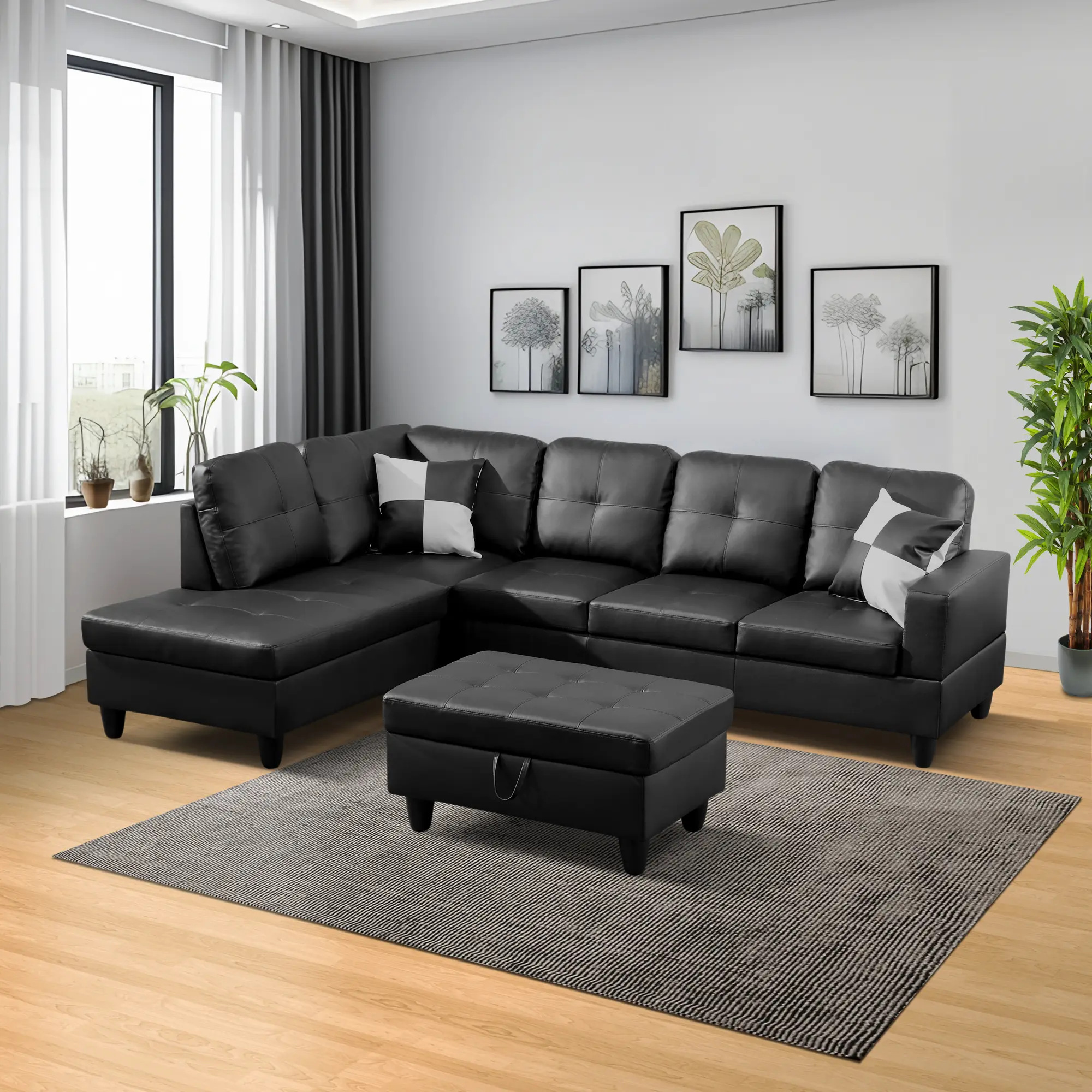 Modern Upholstered 3-Piece L-Shape Sectional Sofa Set F091A-3pcs S+C+O, 103 in Button Tufted Durable Microfibre Corner Couch with Fixed Arms, Assembly Required, No Fire Safety Label, for Home Living Rooms, Modern Upholstered Sofa