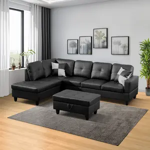 Leather Oversize L-Shape Sectional Sofa Set F091A 3 Piece Microfiber Couch 103" Button Tufted Upholstered Corner Couch for Home Living Room Apartment