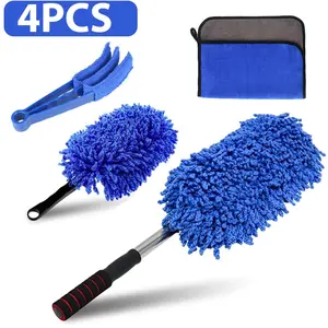 4PCS/SET Car Cleaner Tool,Microfiber Duster Exterior Scratch Free Kit, Extendable Handle and  Microfiber Towel &Air Vent Brush,Interior Multipurpose dust Cleaning Duster for Car