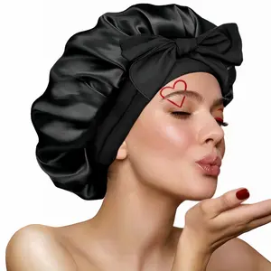 Silk Bonnet for Sleeping for Curly Hair, Satin Bonnet Hair Wrap for Women & Men, Adjustable Silk Scarf Night Cap with Tie Band, Black, Large, Haircare, Adjustable Fit