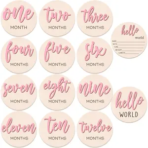 Wood Pregnancy Announcement Plaque 7 Pcs Baby 3D Monthly Milestone Wooden Signs Girl 1-12 Months Announcement Card Sign Wood Markers Disc Block Keepsake Photo Prop Pink - Decor