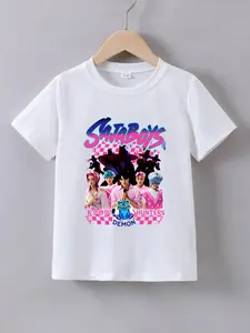 Girls' Summer Short Sleeve Kpop Anime High-Cool Cartoon Print T-Shirt, Casual Fitted Top Without Zipper, with Collar, Graphic Printed Tee