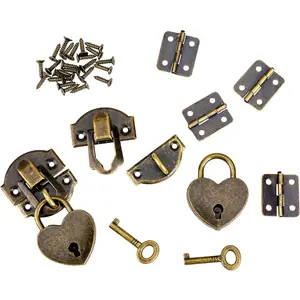 Antique Bronze Hasp Latch Set-27 X 30 mm. Mini Box Hinges, Love Locks with Keys, Decorative Lock Buckle with Screws - For Jewelry Wooden Box and DIY Crafts