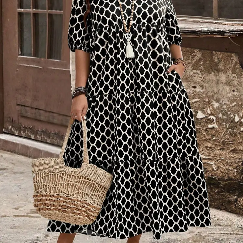 【Plus Size】 All Over Print Pocket V Neck Dress, Casual Fashion Half Sleeve Dress for Daily Outdoor Wear, Women Plus Clothing for 2025, Pocket Dress, Dress with Pockets