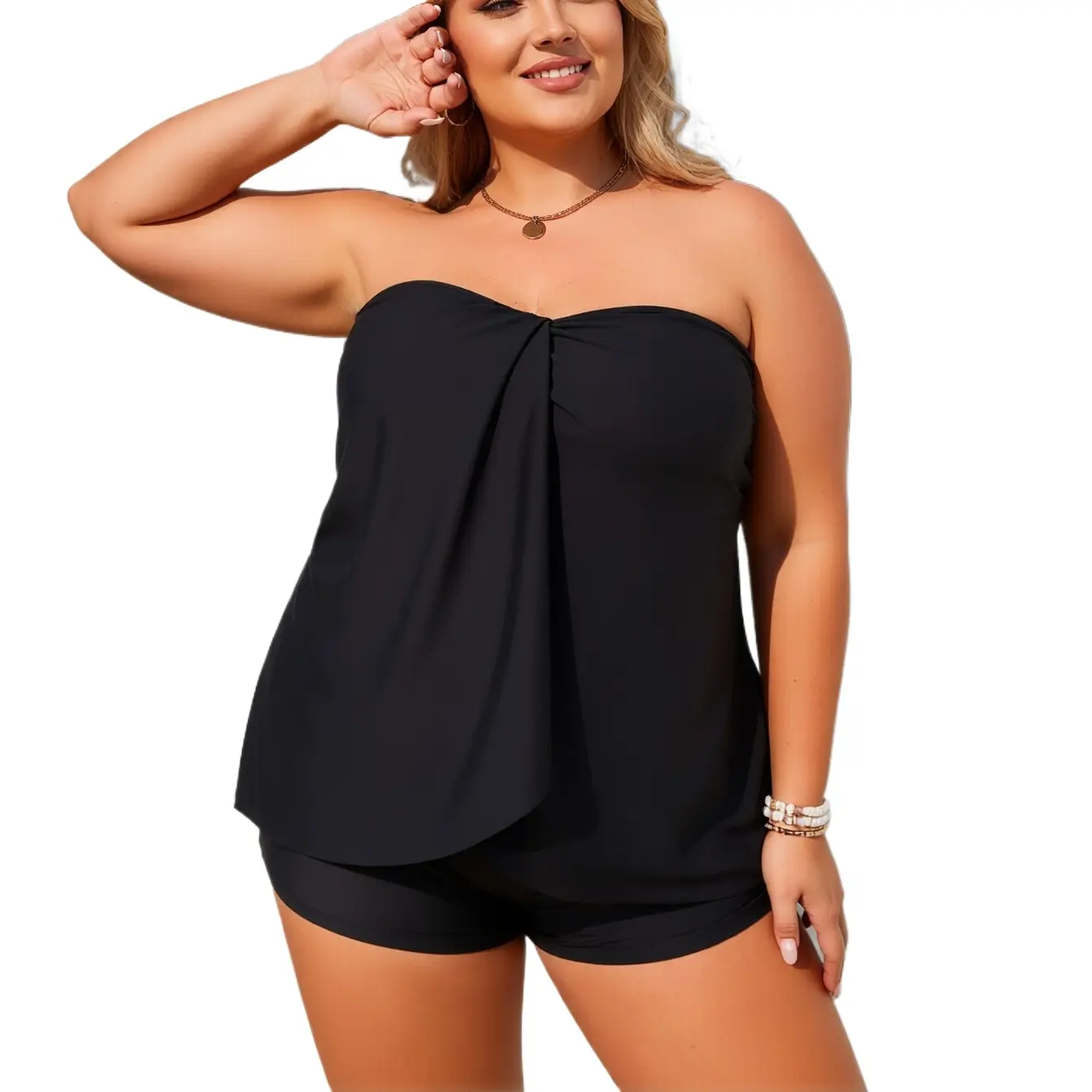 Classic Solid Black Curvy Friendly Strapless Layer Overlay Tankini Two Piece Swim Suit, Loose Fit Tummy Concealing Plus Size Bathing Suit with Stretch Boyshort Brief, Breathable Elastic Comfort Lined Skin-Friendly Beach Outfit Ideal for Seaside Getaway,