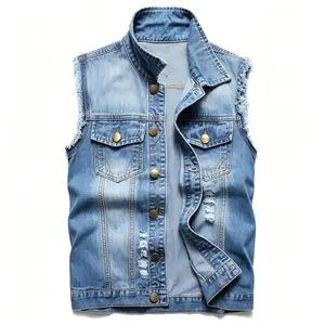 Streetwear Blue Men's Cowboy Jacket Trendy Brand High Street Versatile Short Sleeve Vest Personalized Washed Punch Haired Men's Coat
