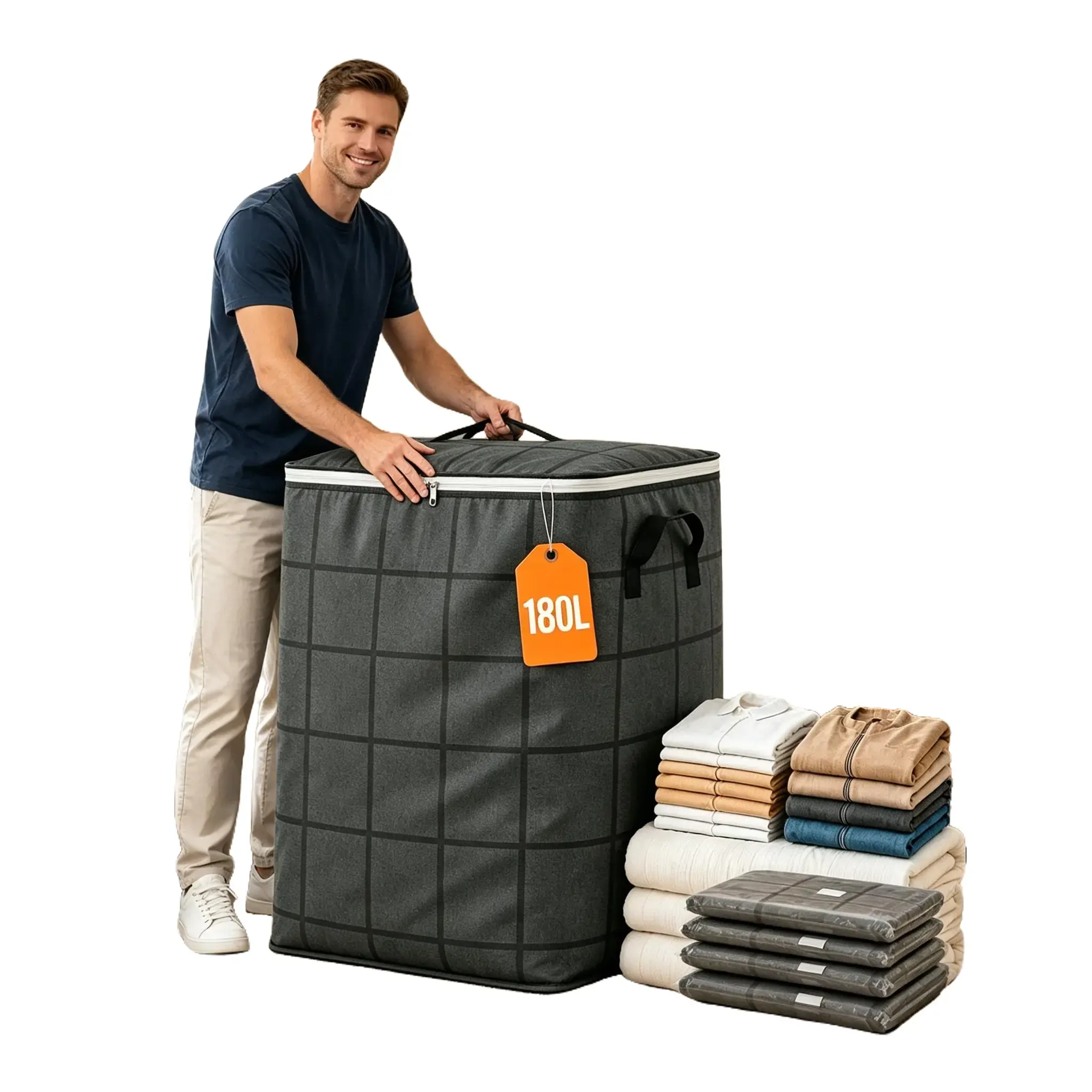 Extra Large Heavy Duty Functional Moving & Storage Bags with Backpack Straps, Reinforced Handles, Grid Pattern, Zip Closure, Dustproof Fabric, for Clothes, Bedding, Organiser, College Dorm Use