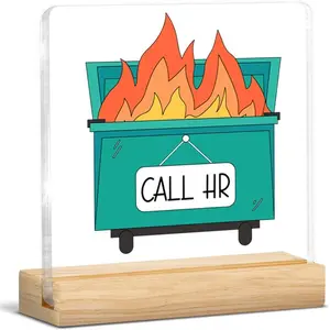 Human Resources Office Desk Decoration, Acrylic Plaque Sign, HR Gift for Colleagues and Work Besties, Fun Call HR Dumpster Fire Logo for Home Office