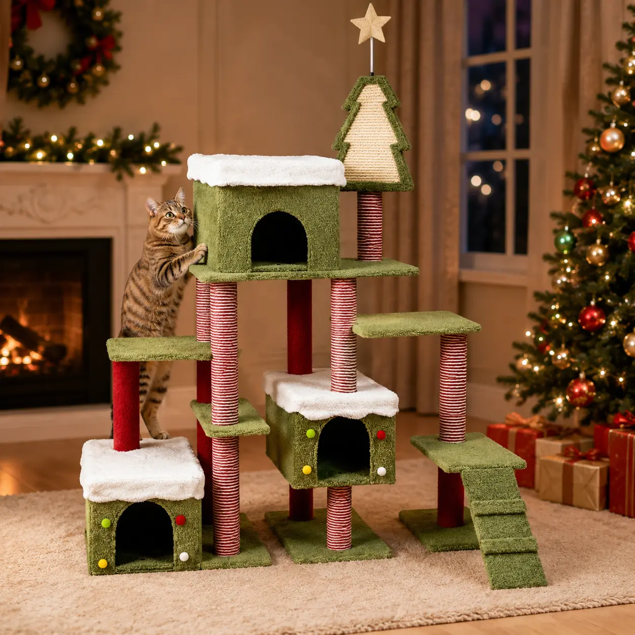Holiday Cat Tree Tower, Christmas Tree Scratcher with Cozy Condos, Sisal Scratching Posts, Climbing Platforms and Ladder for Indoor Cats