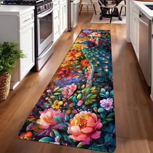 1PC， Spring Colorful Peacock Flowers Patterned strip rugs, home décor, bathroom mats, entryway mats, bathroom non-slip mats, indoor entrance rugs, bedroom bedside mats, kitchen mats, hallway rugs, flannel sponge rugs, hallway runner rugs