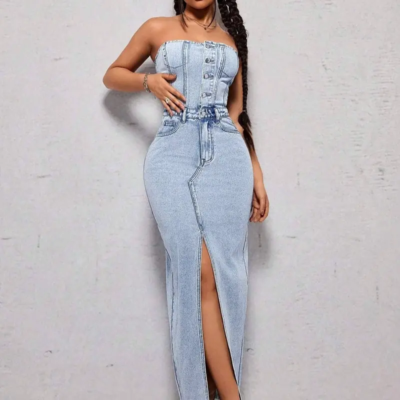Strapless High Slit Denim Dress - Casual Women's Wear, Light Blue Color, Fits Waist to Hem, Features Side Slit, Stylish Design - Womenswear Fabric Summer Comfort Cotton Sleeveless Basic Minimalist