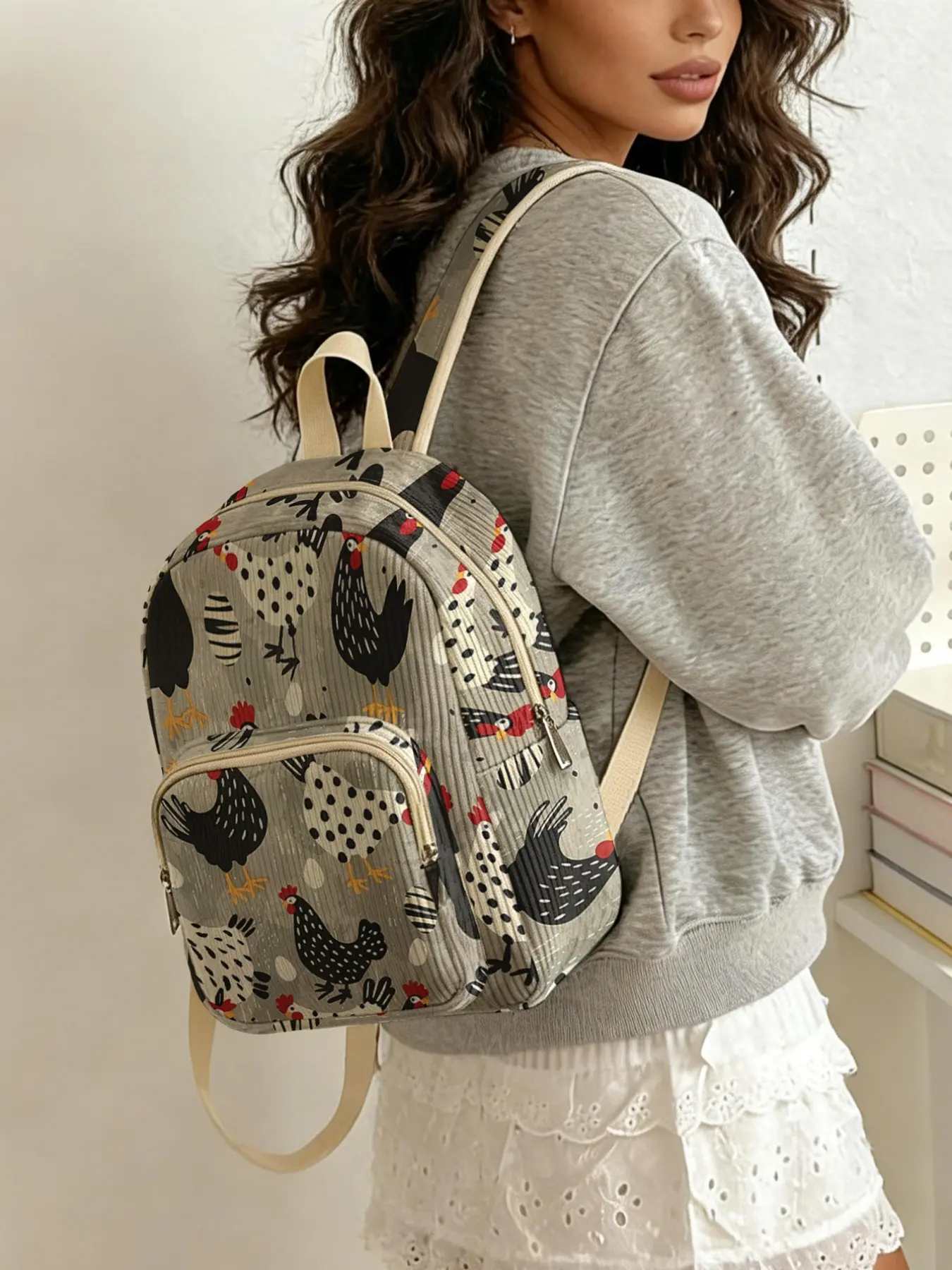 1 piece chicken group pattern 2D printed lady's backpack, Casual, Trendy, Backpack for school, Backpack for college, corduroy texture + layered storage + lightweight, Perfect for students to go to class/shopping/short trips, Combines practicality