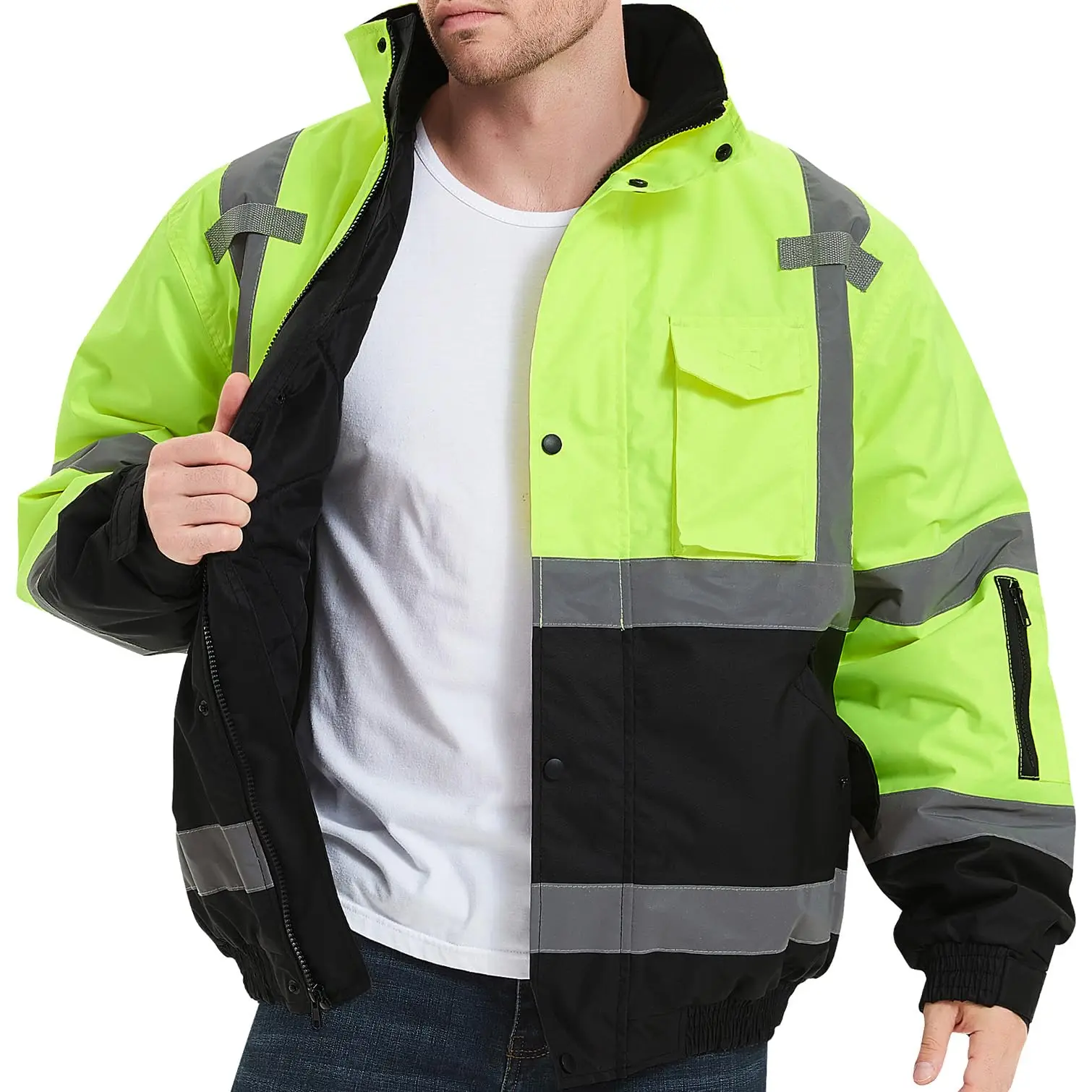 ProtectX Hi Vis Safety Jacket, High Visibility Waterproof Reflective Winter Construction Bomber Jacket for Men With Multi Pockets Menswear Clothing Wo