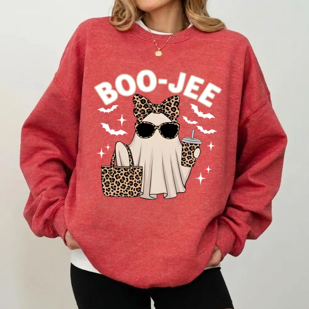 Boo-Jee Ghost Sweatshirt, Leopard Ghost Crewneck, Cute Ghost Graphic Sweatshirt, Spooky Season Pullover, Pumpkin Spice Coffee Sweatshirt, Cozy Fall Outfit, Halloween Gift for Women