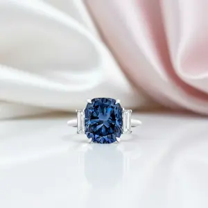 Blue Sapphire Cushion Cut Three Stone Engagement Ring
