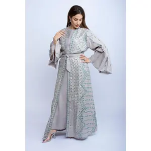 Light Purple Linen Kaftan with Turquoise Embroidery and Belt