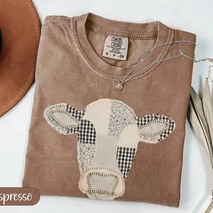 Comfort Colors Patchwork Cow T-Shirt, Quilted Farm Animal Head Tee, Gingham Floral Rustic Cow Lover Shirt, Cottagecore Farmhouse Gift, Printed Shirt - TrendWear USA