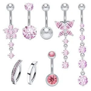 8Pcs 14G Belly Button Ring Dangle Belly Button Ring Dangle Navel Belly Piercing Jewelry Cute Pink  Butterfly Bow Flower Navel Belly Rings for Women