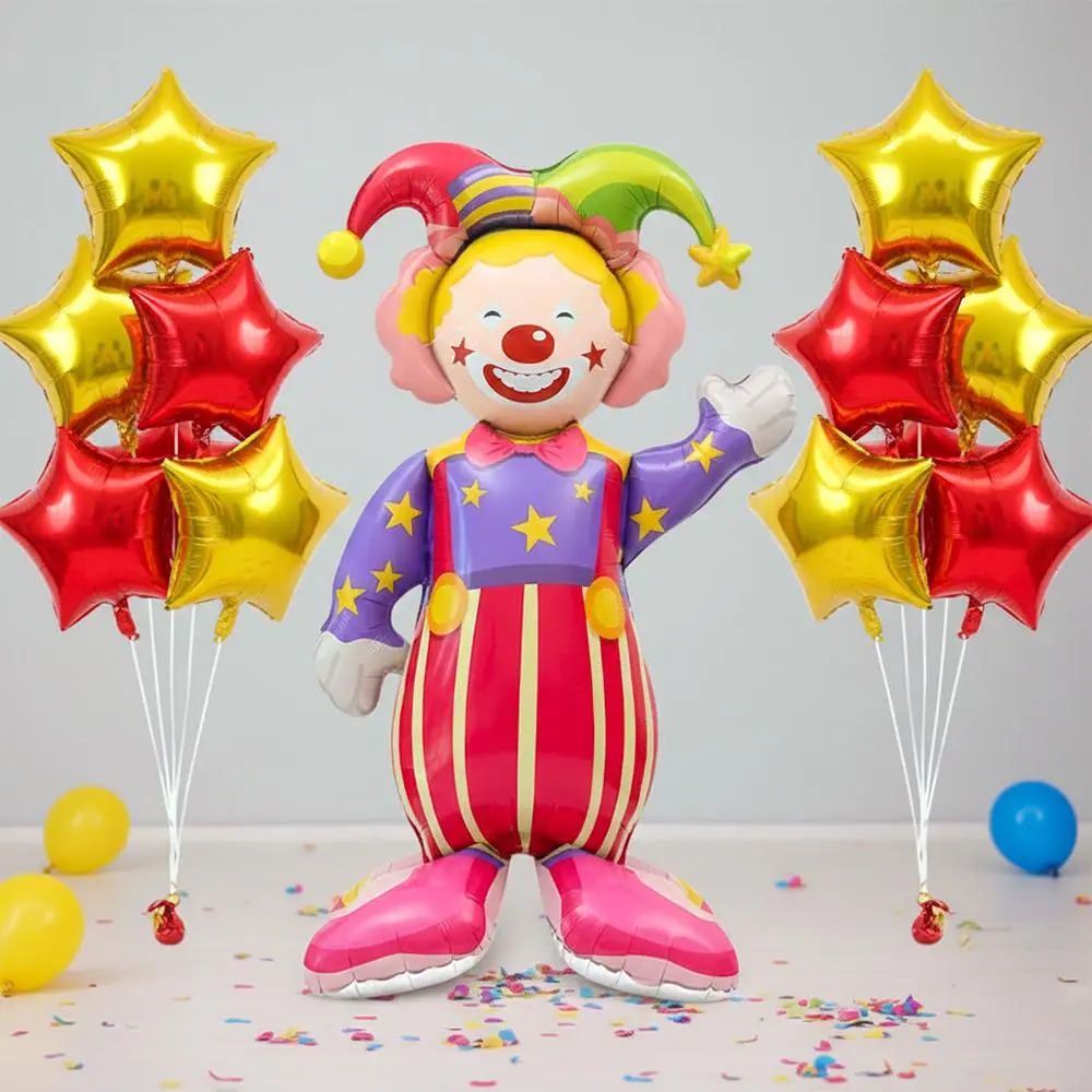 60In Giant Self-Standing Smiling Clown Foil Balloon, 18In Star Print Square Foil Balloon, Circus Carnival Theme Birthday Party Decorations, Home & Festive Party Supplies, 10Pcs