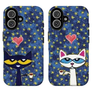 FL-Peteee the Cat Couple Starry Night Phone Case, Cute Y2K Preppy Kawaii Protective Cover For iPhone 11 12 13 14 15 16 17 Air Pro Max for Samsung S26 S25 S24 S23 S22 S21 Case,Gift for her/him