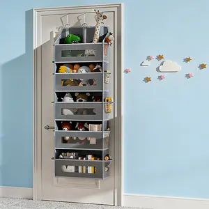 5-Tier Over-the-Door Storage Organizer with 10 Breathable Mesh Side Pockets, 48 lbs Heavy-Duty Load Capacity, 3 Sturdy Hooks, Door Hanging Organizer with Transparent Windows for Bathroom, Bedroom, Nursery, Kitchen-Grey