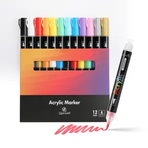 12 Color Acrylic Art Markers, Pressurized Soft Brush Tips, DIY Doodling Coloring Glass Stone Canvas Fabric Eggs, Waterproof Ink Pens
