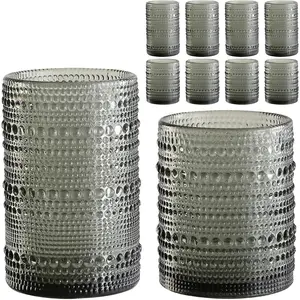 Hobnail Drinking Glasses Set of 8,Grey 12 oz & 15oz Highball Glass Cups, Kitchen Drinkware Glassware,Embossed Water Tumbler,for ,,,Juice and Various Mixed Drinks
