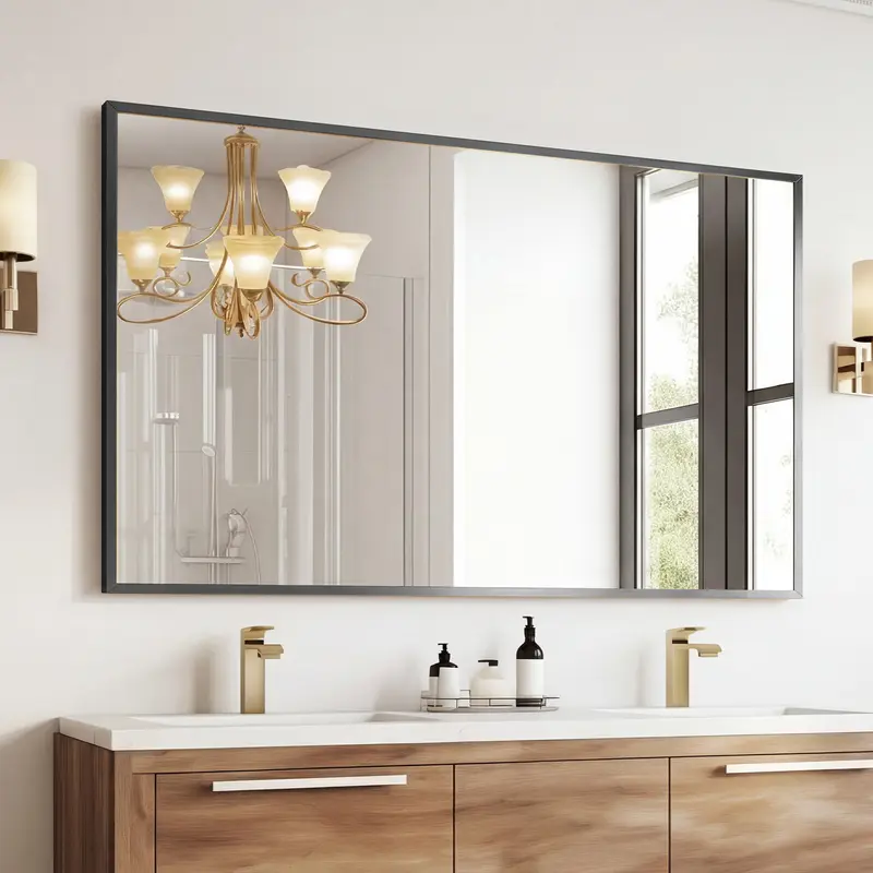Sweetcrispy Metal Frame Metal Edge Wall-Mounted Glass Mirror - Rectangle, Without Light, Modern Home Decor for Bathroom, Mirror for Bedroom (Horizontal-Vertical Hanging)