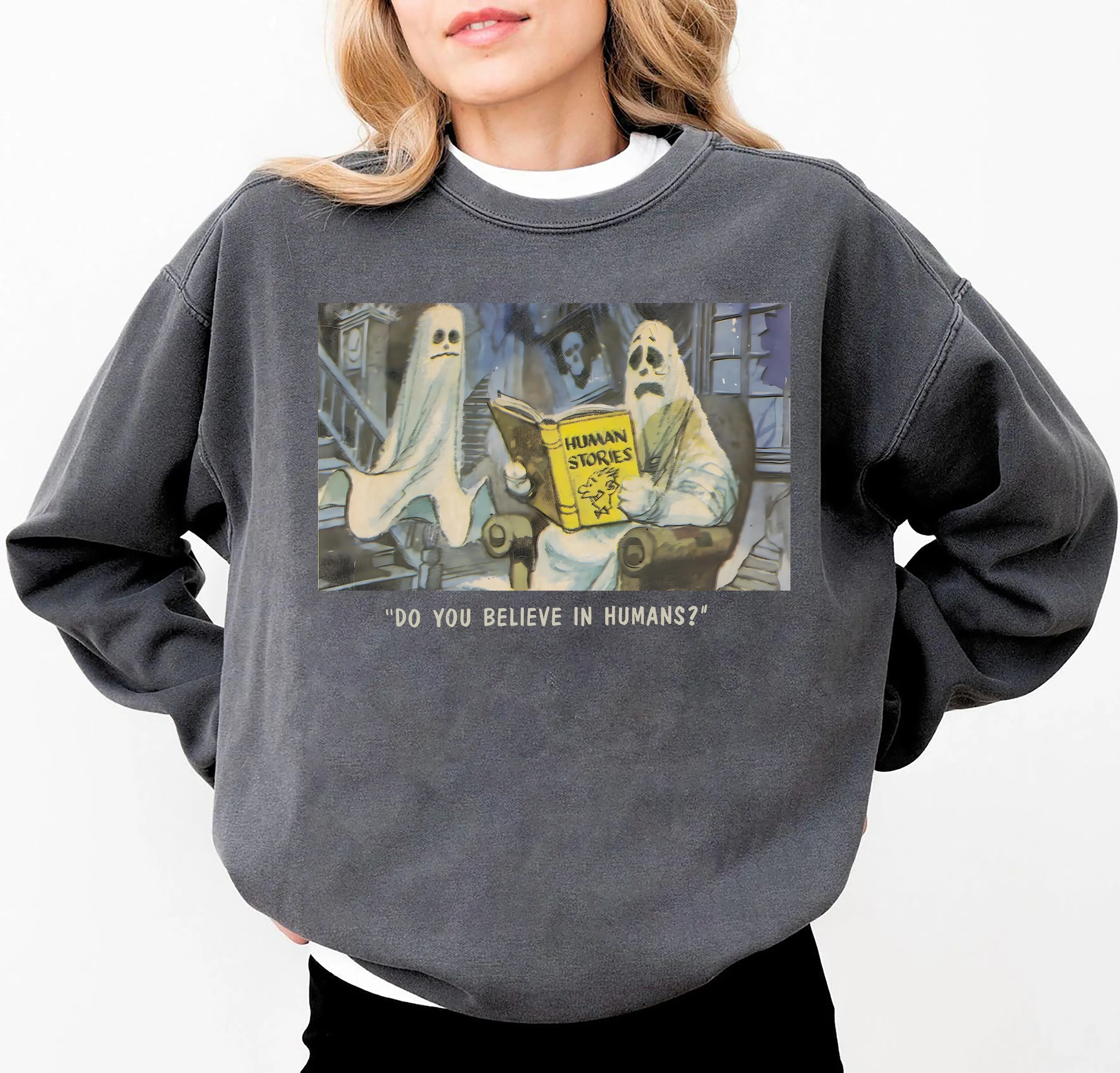 Funny Halloween Sweatshirt, Do You Believe In Human Shirt, Retro Halloween Sweater, Ghost Tee, Halloween Gift For Introvert, Ghost Reading Book Shirt, Ghost Book Sweater