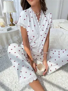 Women's Pajamas Set, Cotton-Like Ribbed Fabric Heart Print Lace Trim V Neck Short Sleeve Top & Long Pants Loungewear Set for Ladies