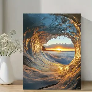 1 Piece Framed Wall Art - Australian Ocean Waves Sunset Seascape Pattern, Vibrant Recycled Wood Frame, Ready-to-Hang Living Room Bedroom Office Decoration, 2D Flat Ocean Theme Art Painting