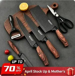 6 Piece Kitchen Knife Set, Chef Knife Set, Black Kitchen Knife Set Sharp Meat Knives, Non-Stick Stainless Steel, Chopping Block Ceramic