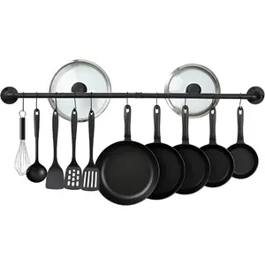 38 inch Pipe Hanging Rail for Pots, Pans, Lids, Kitchen Utensils, Wall Mounted Rail Rack Pipe Bar with 10 S Hooks Industrial Style, Black