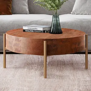 Homary Rustic Round Coffee Table - Rustic Sofa Table with Solid Wood Tabletop and Metal Legs